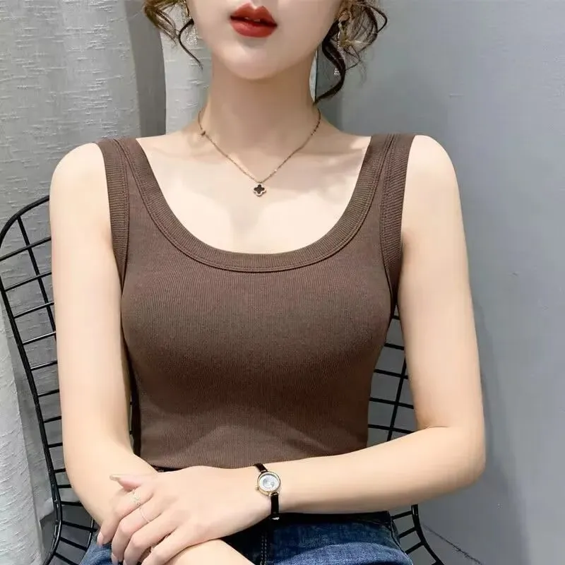 2023 Summer Women Basic Ribbed Knitted Tank Top Solid Color Sleeveless T-shirts Casual Camis Green Blue Elastic Female Tops