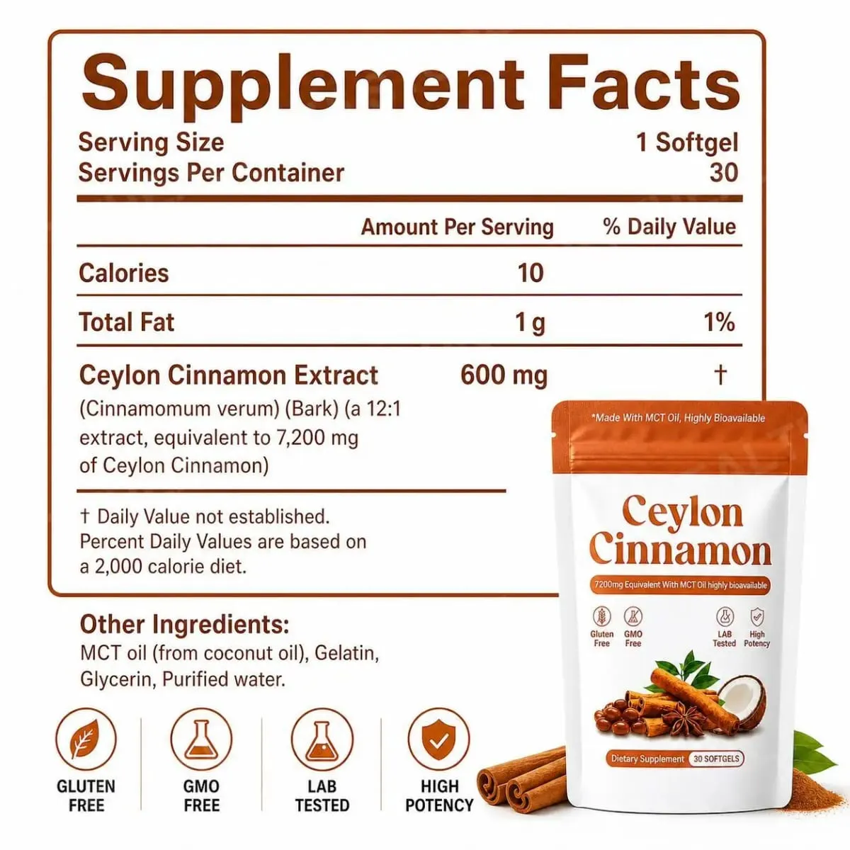 Ceylon Cinnamon Extract Softgels with MCT Oil Antioxidant Support and Metabolism Support Highly Bioavailable 30 Softgels