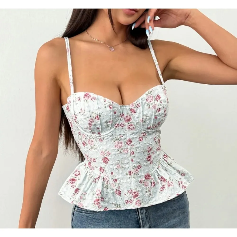 Sexy magro espartilho plissado impressão chique coreano camis regata básica moda fora do ombro roupas femininas de verão