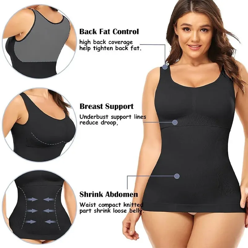 Women Tummy Control Shapewear Classic 2-IN-1 With Padded Bra High Elastic Vest Body Shaper Up Lift Corset Cami Tank Tops 3Colors
