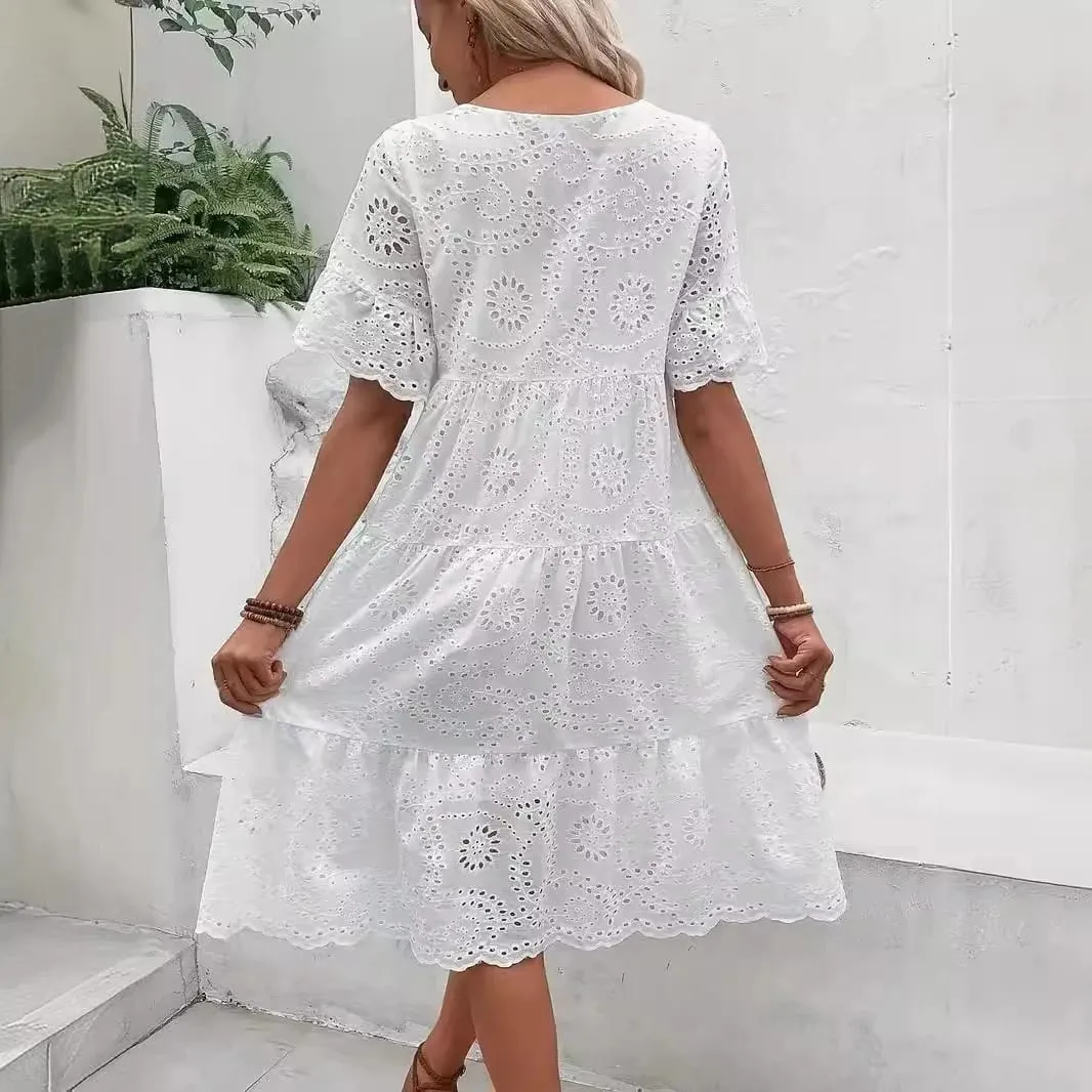 Nữ Trắng Silicon Thêu Đầm Midi Khoét Hở Boho Flowy Xù Tầng Váy Đầm Ngắn Tay Đi Biển Mùa Hè Áo — image 3