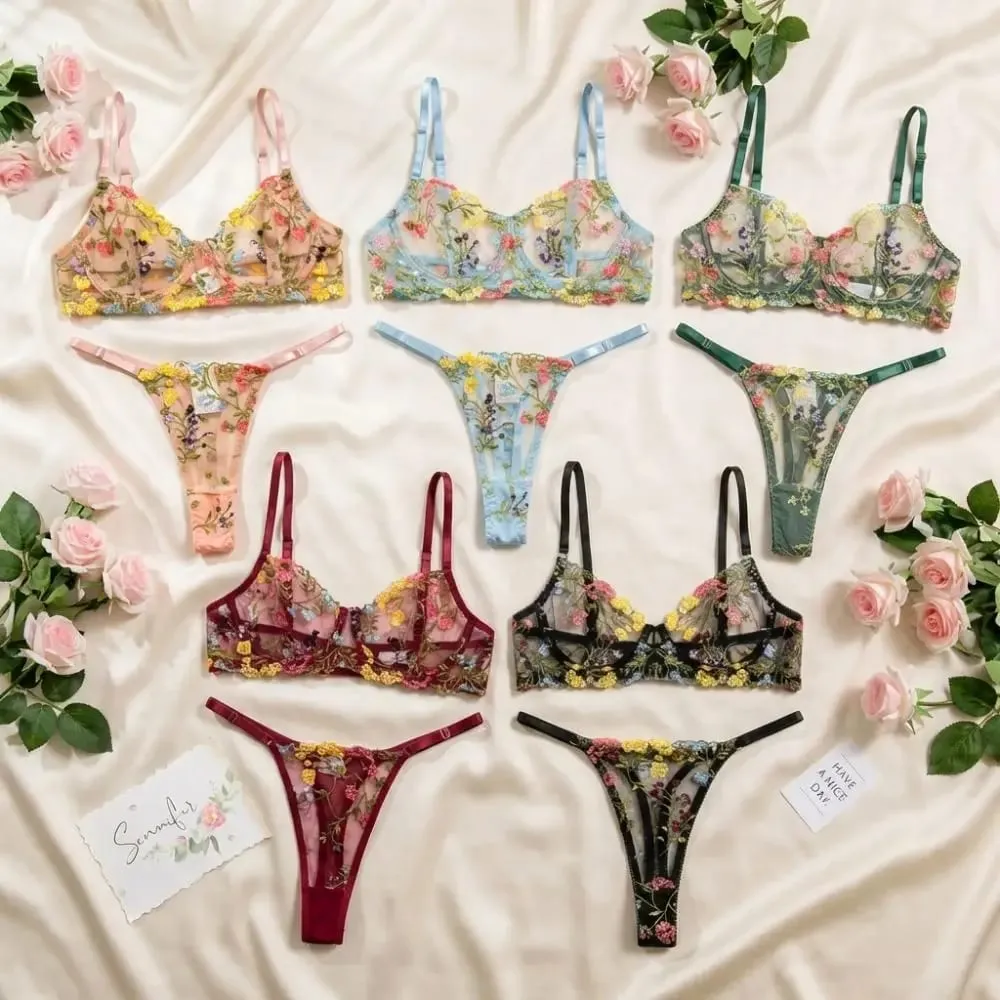2-Piece Floral Lingerie Set Sheer Versatile Underwear Intimates Embroidery Underwire Push-up Bra Panty Set For Lady Girl