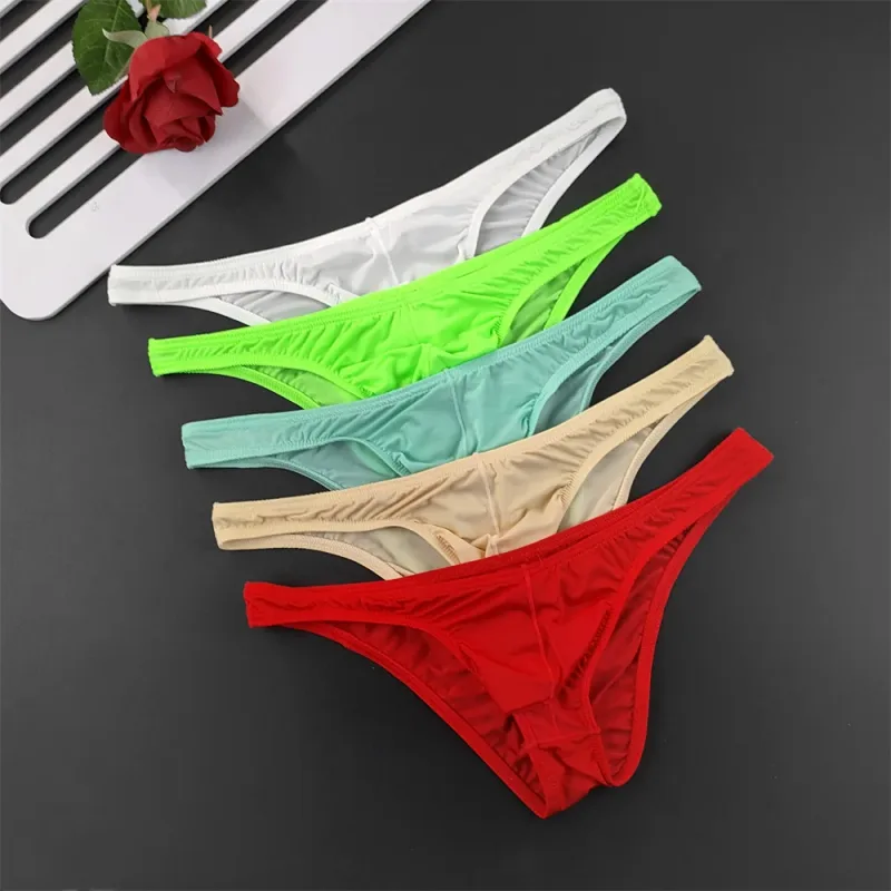Slip en soie glacée pour hommes, 5 pièces, sous-vêtements avec poche en U, taille basse, sous-vêtements transparents Ultra fins, culottes Sexy grande taille pour hommes, nouvelle collection