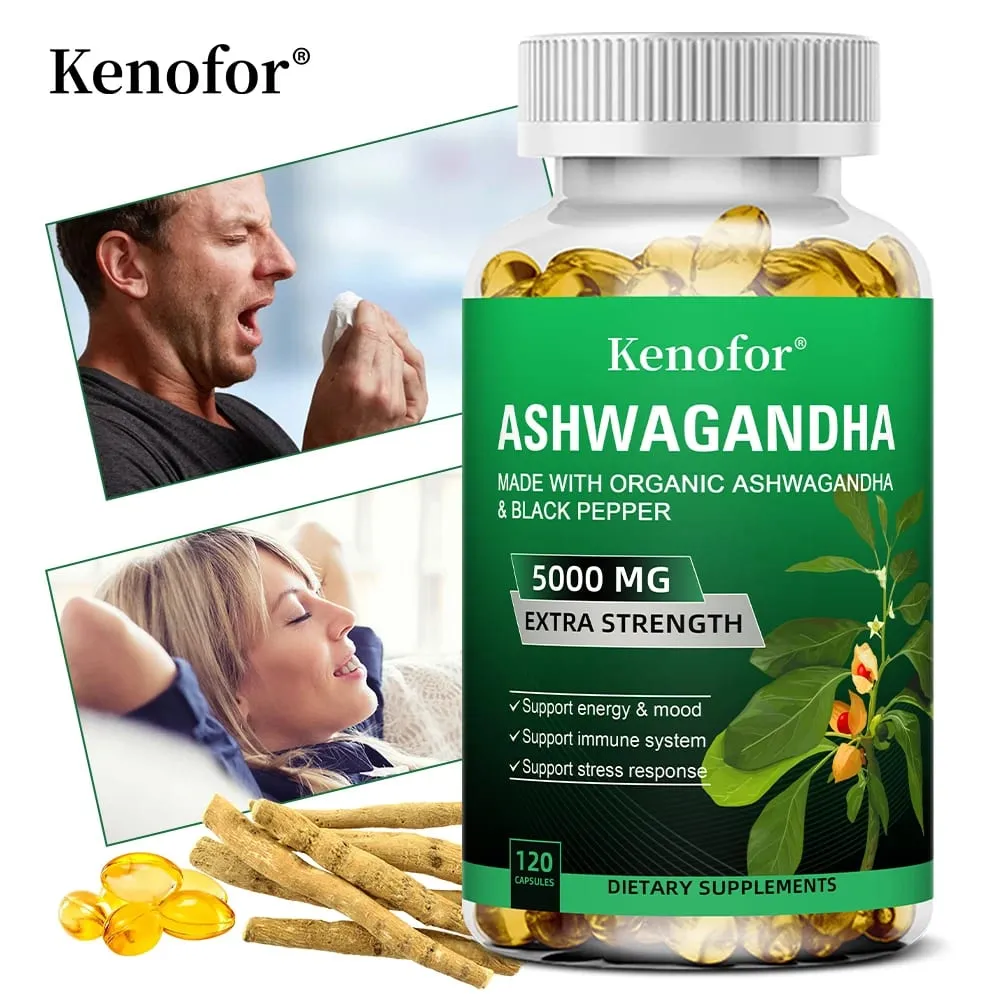 Pure Ashwagandha Root Extract Capsules 5000mg for Natural Mood Stress Focus Brain Energy Sleep Health