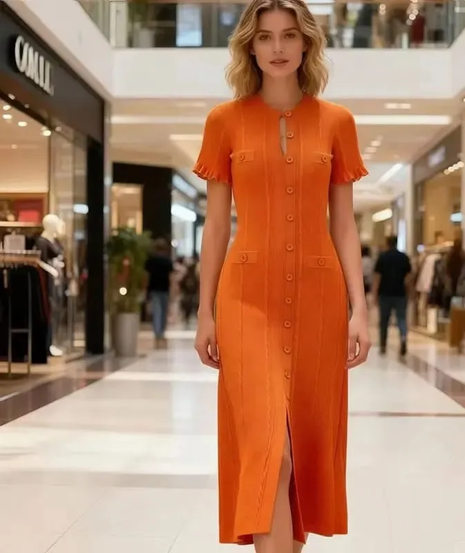 Summer Elegant Lady Knitted Single Breasted Long Dresses Women Solid Short Sleeve O Neck Button Bodycon Party Female Vestidos