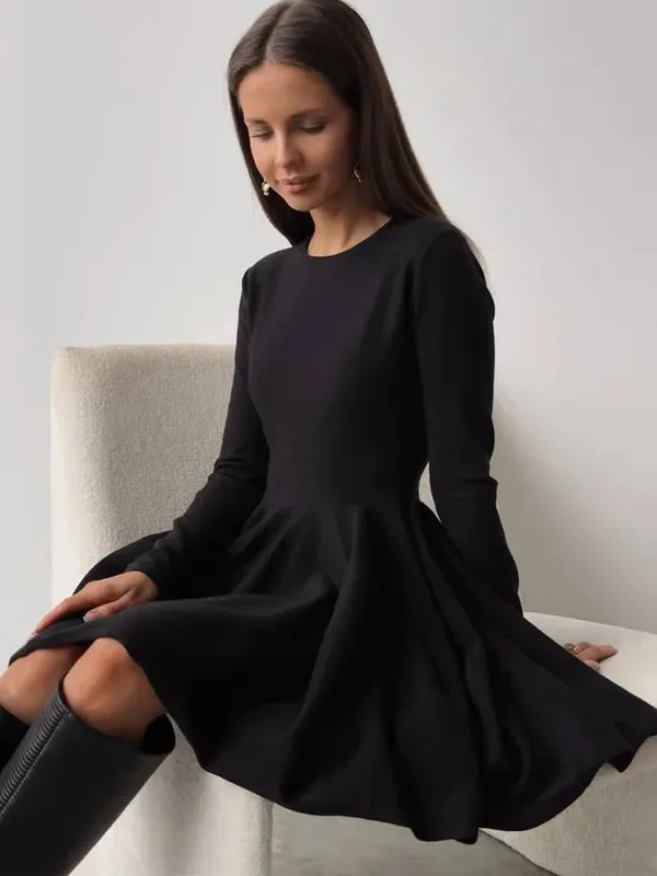 Duomofu Knit Mini Dresses Women Autumn Winter Long Sleeve Sweater Dress Female Elegant Fashion Slim A Line Pleated Dress Vestido