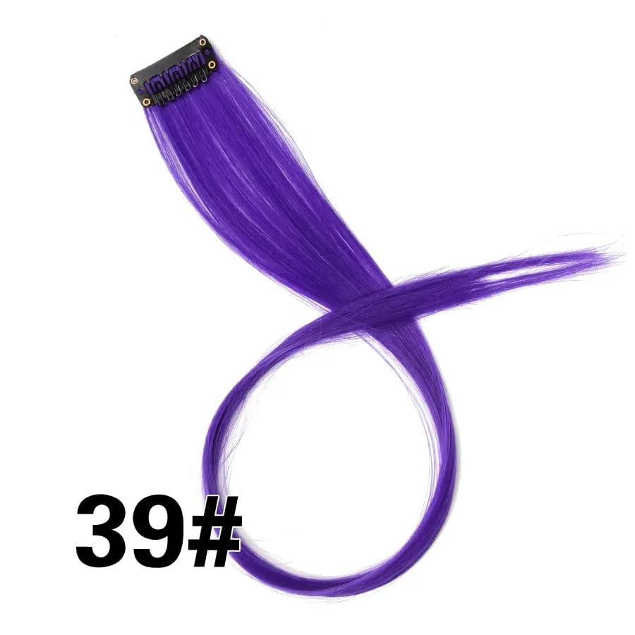 Lige farvet hårstykke Hair Extensions Clip In Highlight Regnbuehår Pink Blå Lilla Syntetisk på klips til kvinder piger — image 45