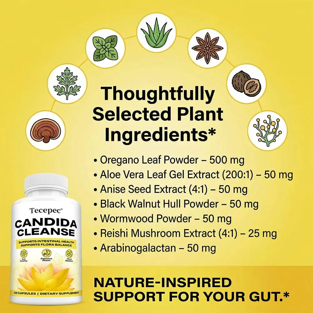 Candida Cleanse Capsules - Intestinal Colon Detox Gut Flora Balance Supports Digestion Relieve Bloating Antioxidant Supplement