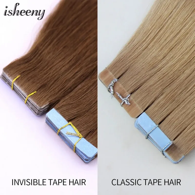 머리 확장에 Isheeny 보이지 않는 테이프 12 "16" 20 "피부 Weft 테이프 Ins 10pcs 자연 스트레이트 기계 레미 인간의 머리카락 제작 — image 5