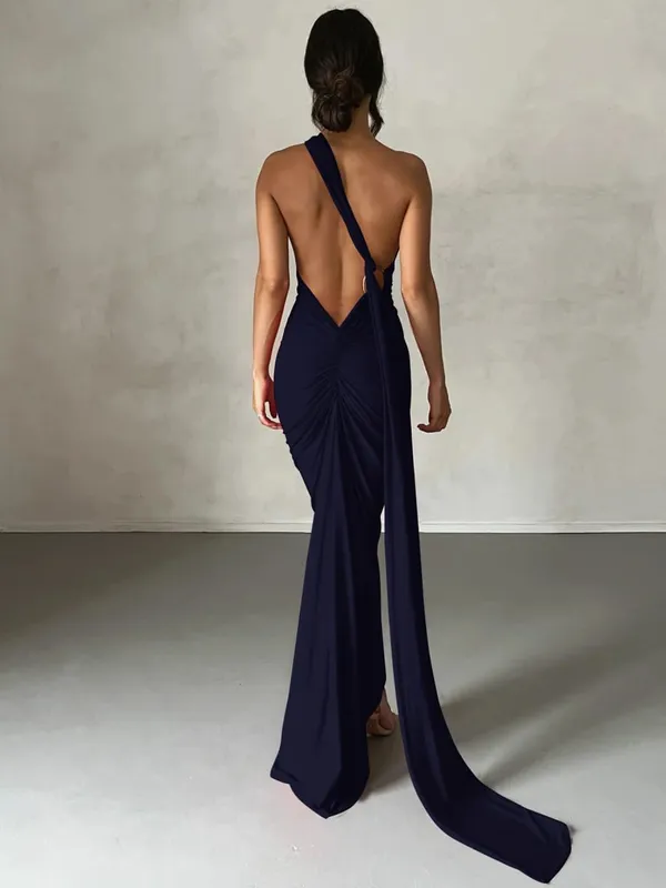 Hugcitar One Shoulder Backless Adjustable Scarf Loop Ruched Sexy Maxi Dress Women Elegant Y2K Streetwear Festival Outfit