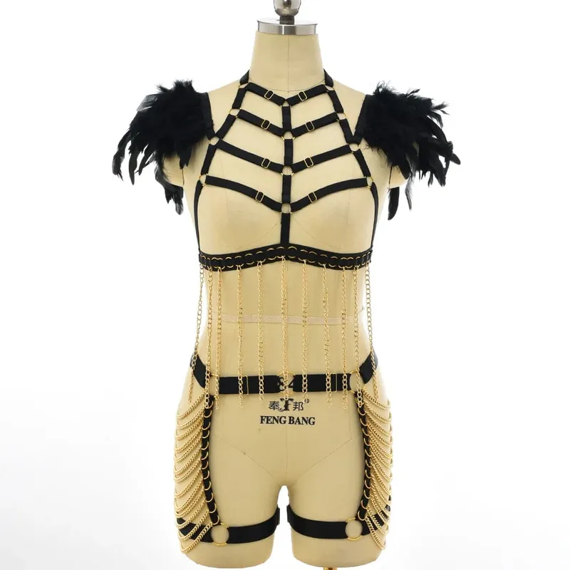 Bra Sangkar Pengekang Tubuh Elastis Gotik Set Lingerie Seksi Penyesuaian Berongga Pakaian Pertunjukan Bulu Halloween Punk Tali Kekang
