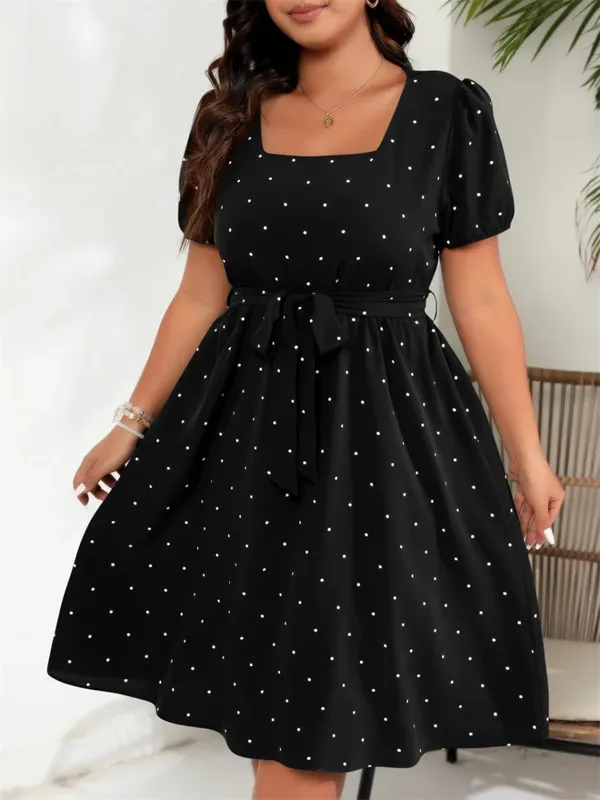 Plus Size Square Neck Polka Dot Bæltekjole Dame Elegant Retro Pufærmer Højtalje Sommer A-line Big Swing Kjoler