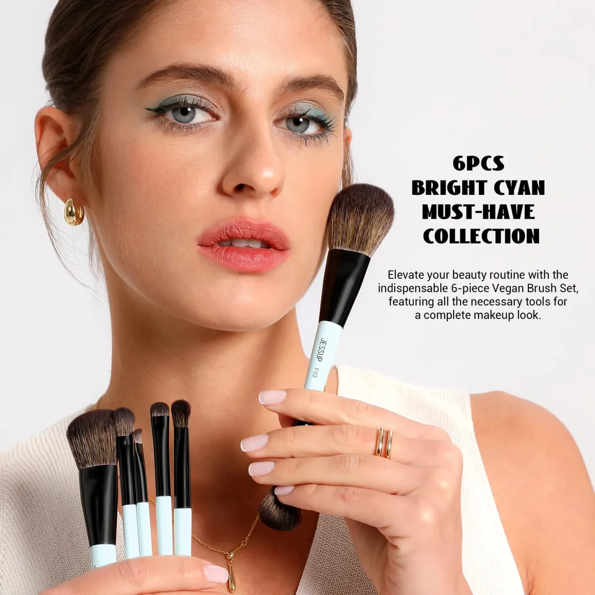 Jessup Makeup Brush Set Double Sided Makeup Brushes Foundation Contour Blush Blending Eyebrow Shadow Fiber Bright Cyan T501