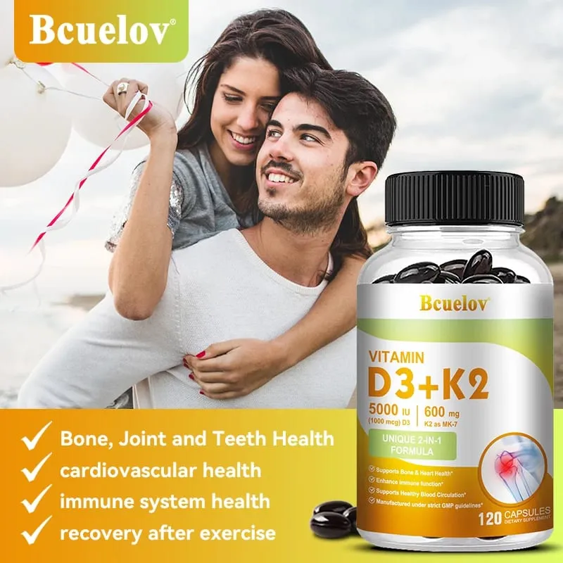 Bcuelov Vitamin D3+K2 5000 IU Vitamin D3 non-GMO formula easy-to-swallow vitamin D and K complex dietary supplement