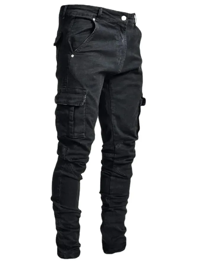 2026Jeans Men Pants Wash Solid Color Multi Pockets Denim Mid Waist Cargo Jeans Plus Size Fahsion Casual Trousers Male Daily Wear
