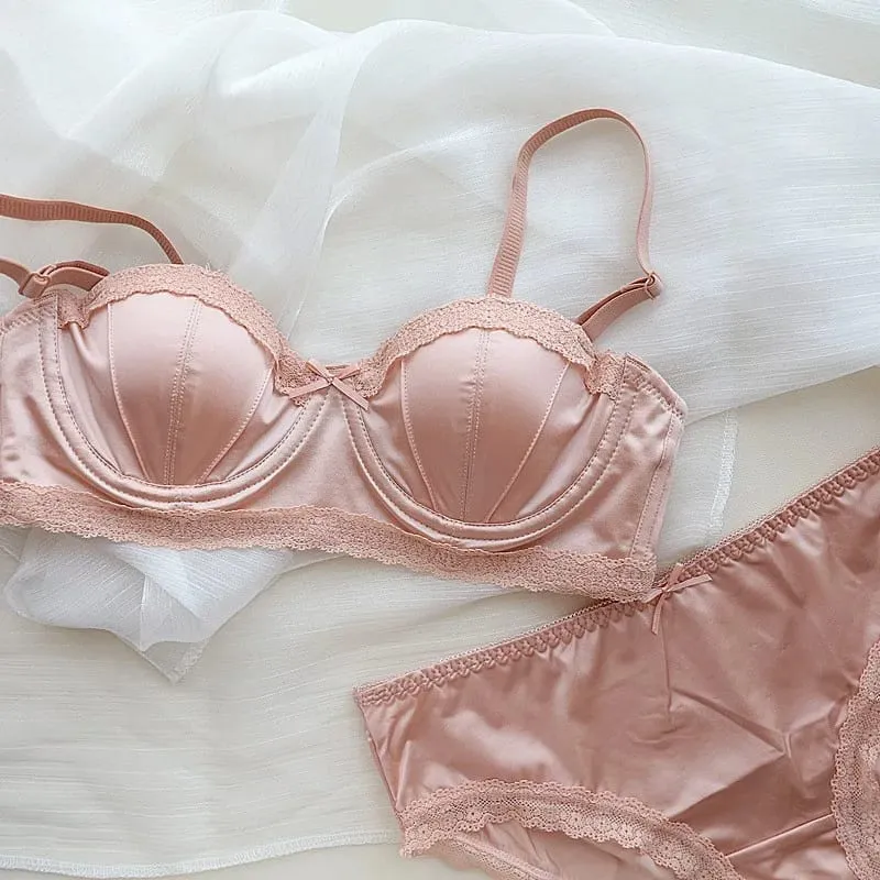 French girly underwire push-up bra Sweet lace edge half cup lingerie women's thin cup with anti-sagging bra set