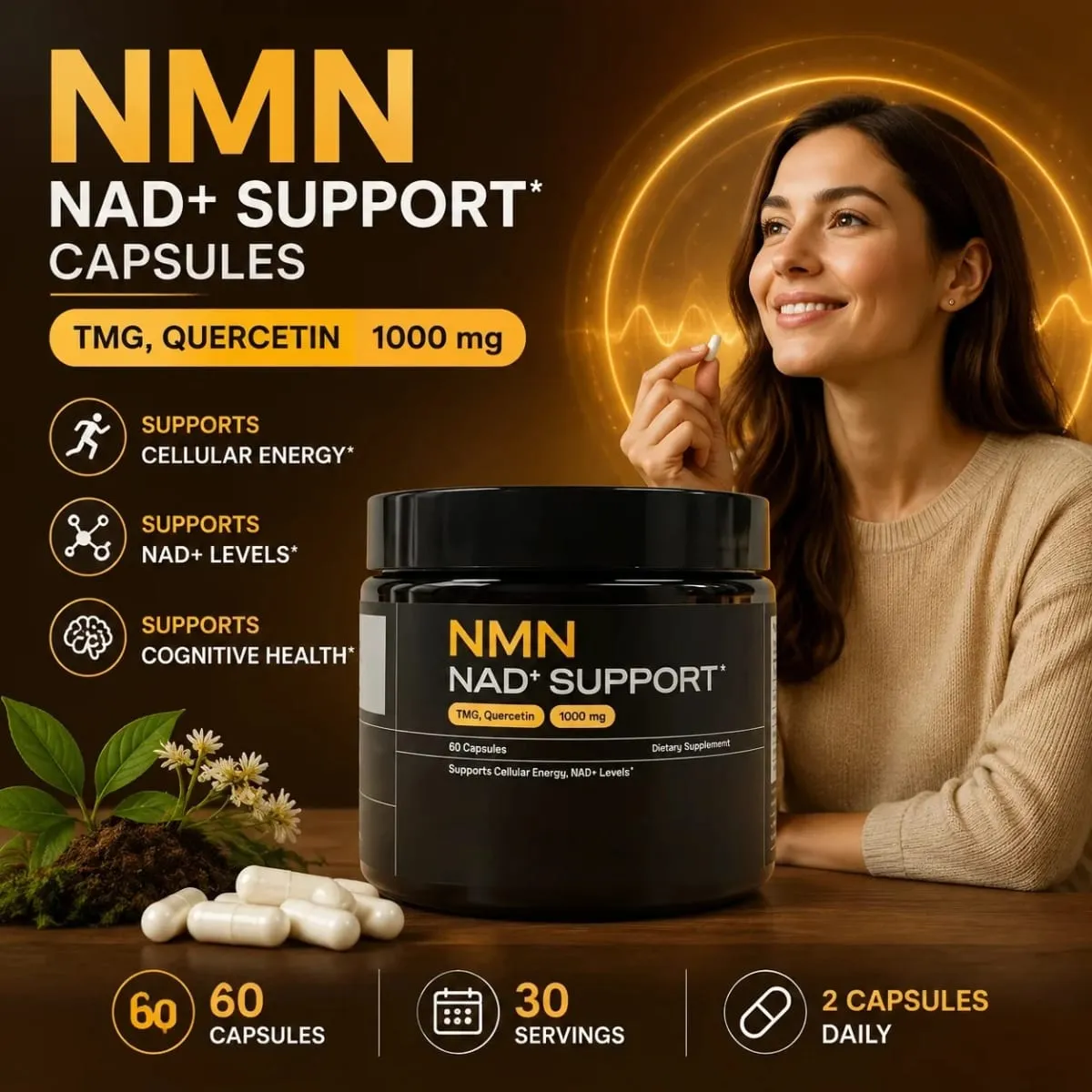 NMN NAD+ Support Capsules 1000mg Supports Cellular Energy Cognitive Health NAD+ Levels with TMG Quercetin 60 Capsules Adults