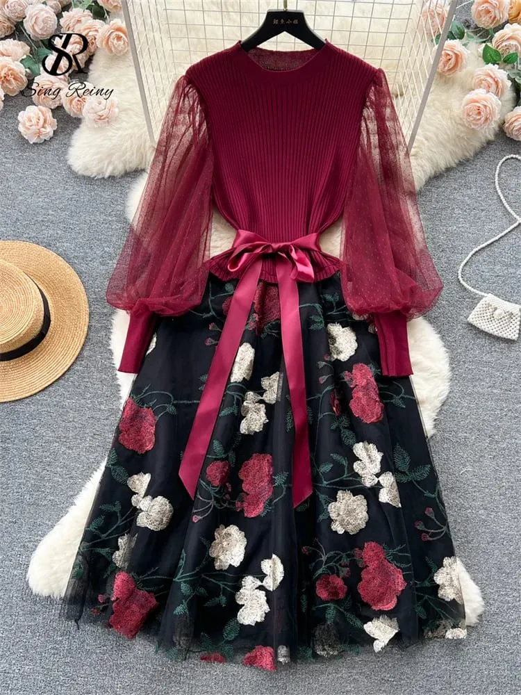 Senior Knitted Patchwork Dress Long Lantern Sleeves Bow Mesh Embroidery Floral Women Autumn France Elegant Party Dress — image 5