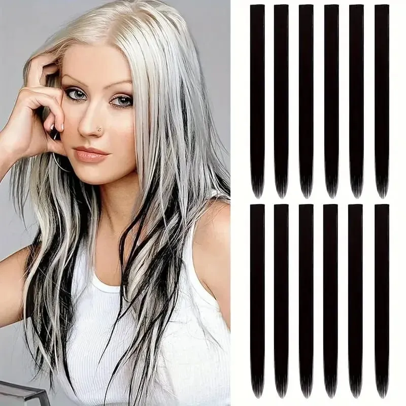 12 Pcs Colored Hair Extensions: Straight Hairpiece Multi-Color Party Highlights Clip-in Synthetic Hair Extensions for Women