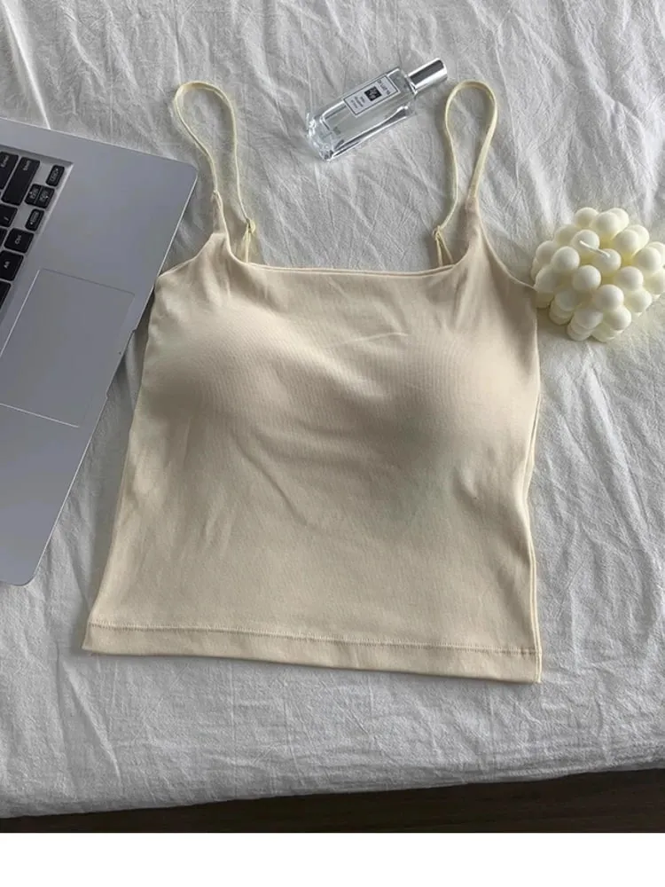 2026 Women With Built In Bra Spaghetti Strap Tanks Summer Camis Tank Casual Tops For Woman Solid Color Female Korean Style