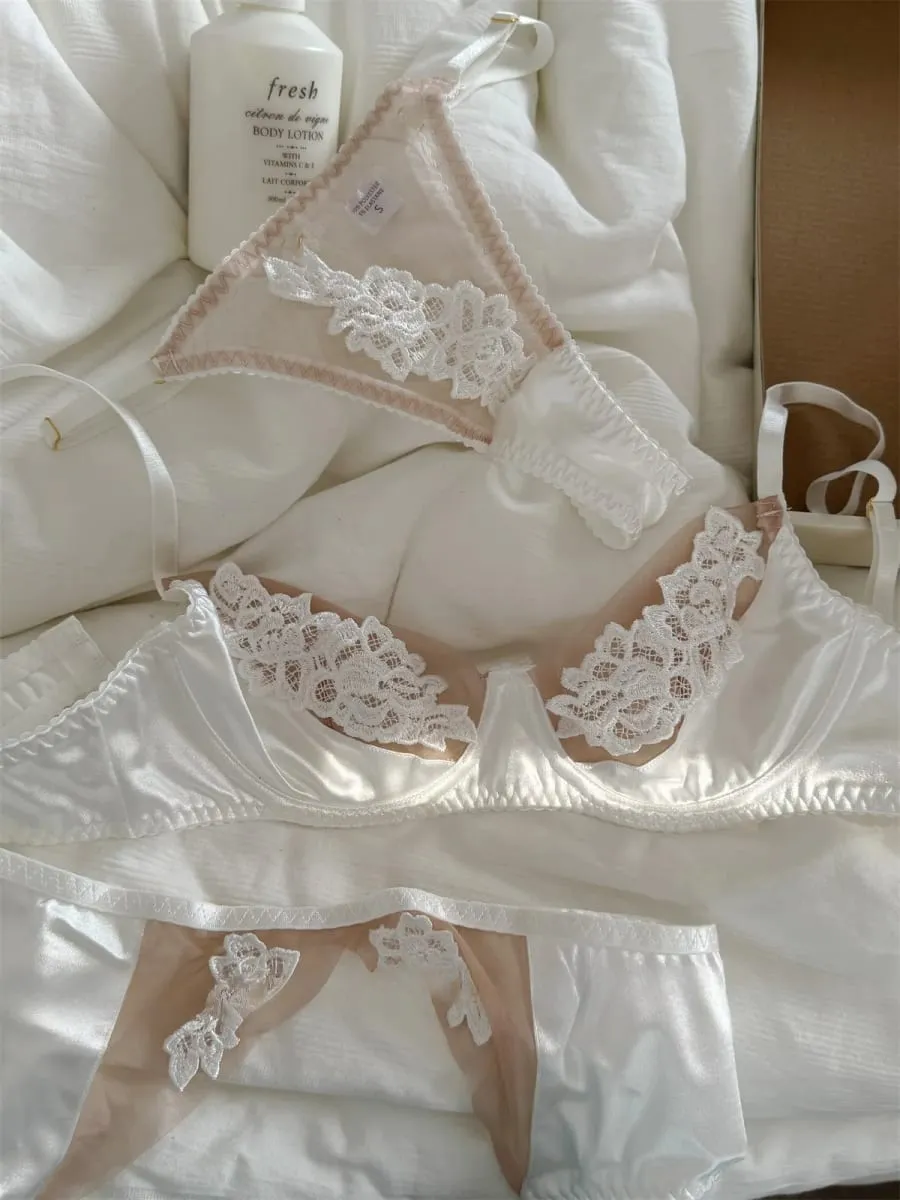 Gestickte Blumen Dessous dreiteilige Unterwäsche dünne BHs atmungsaktives Top Push-up Damen großes BH-Set