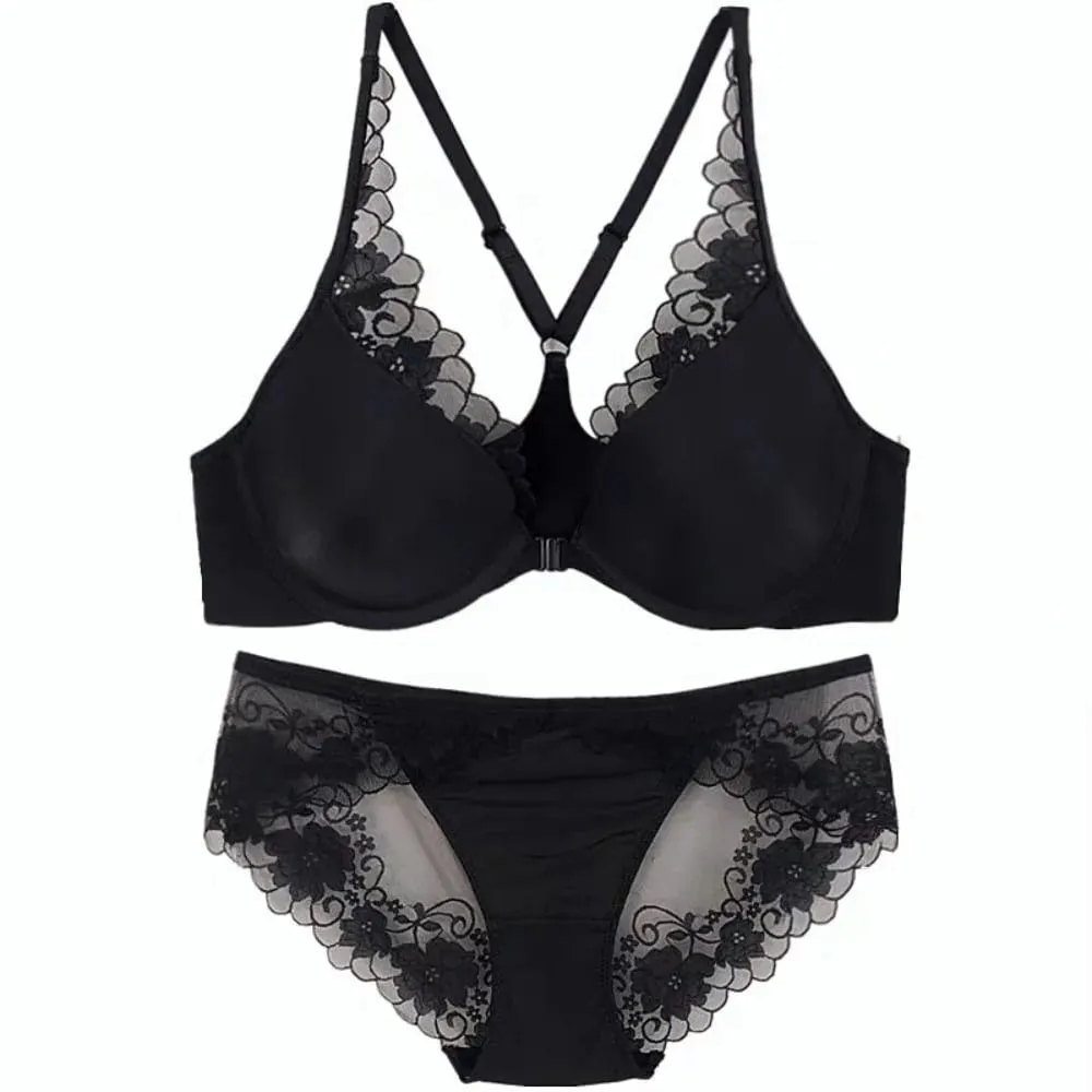 Bezešvá přední přezka Halter Podprsenka Měkká Kostice Tenká Letní Push Up Malé Zmenšení poprsí Velký hrudník Sexy spodní prádlo se zády 32-38 Set