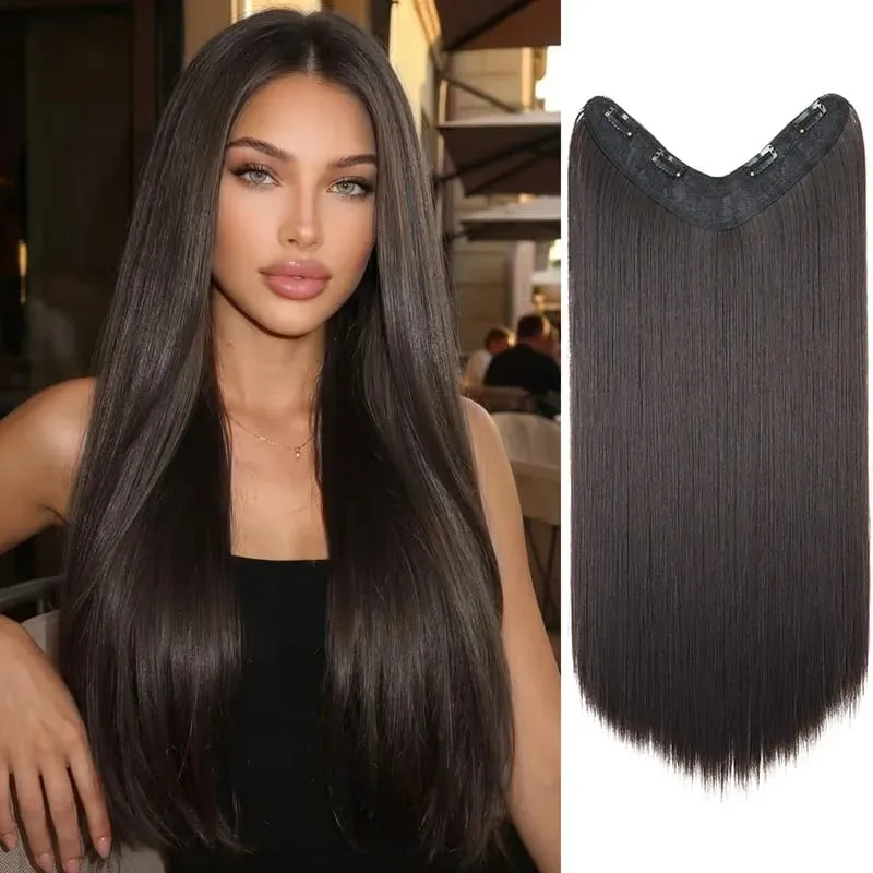 24Inch Synthetic 4-Clip V-Shaped Long Straight Hair Extension One Piece Heat-Resistant Fiber Hairpiece for Women Daily Use