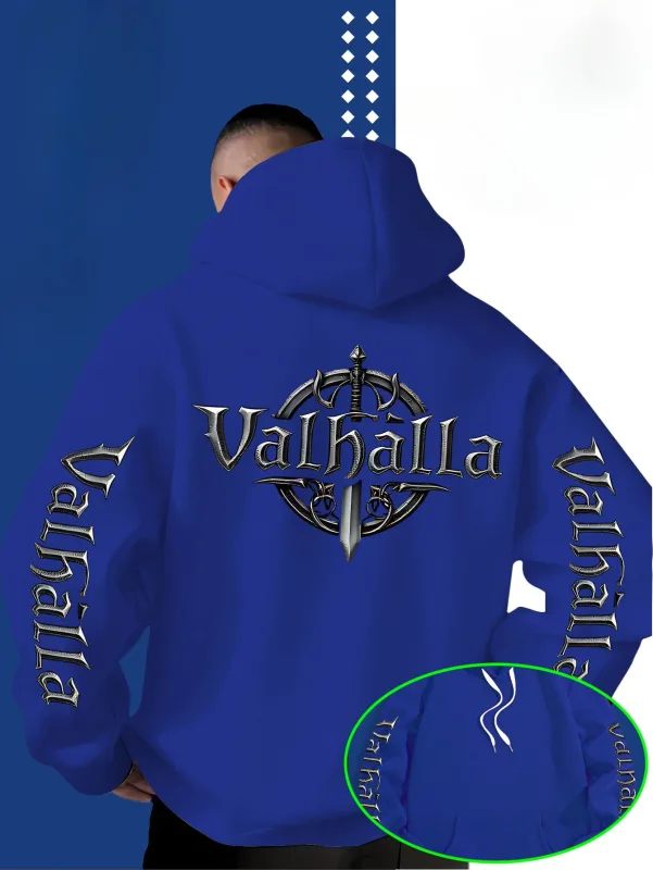 Street Style Loose Viking Valhalla Logo Bercetak Pedang Sweatshirt Bertudung untuk Lelaki, Sesuai untuk Musim Gugur dan Musim Sejuk.