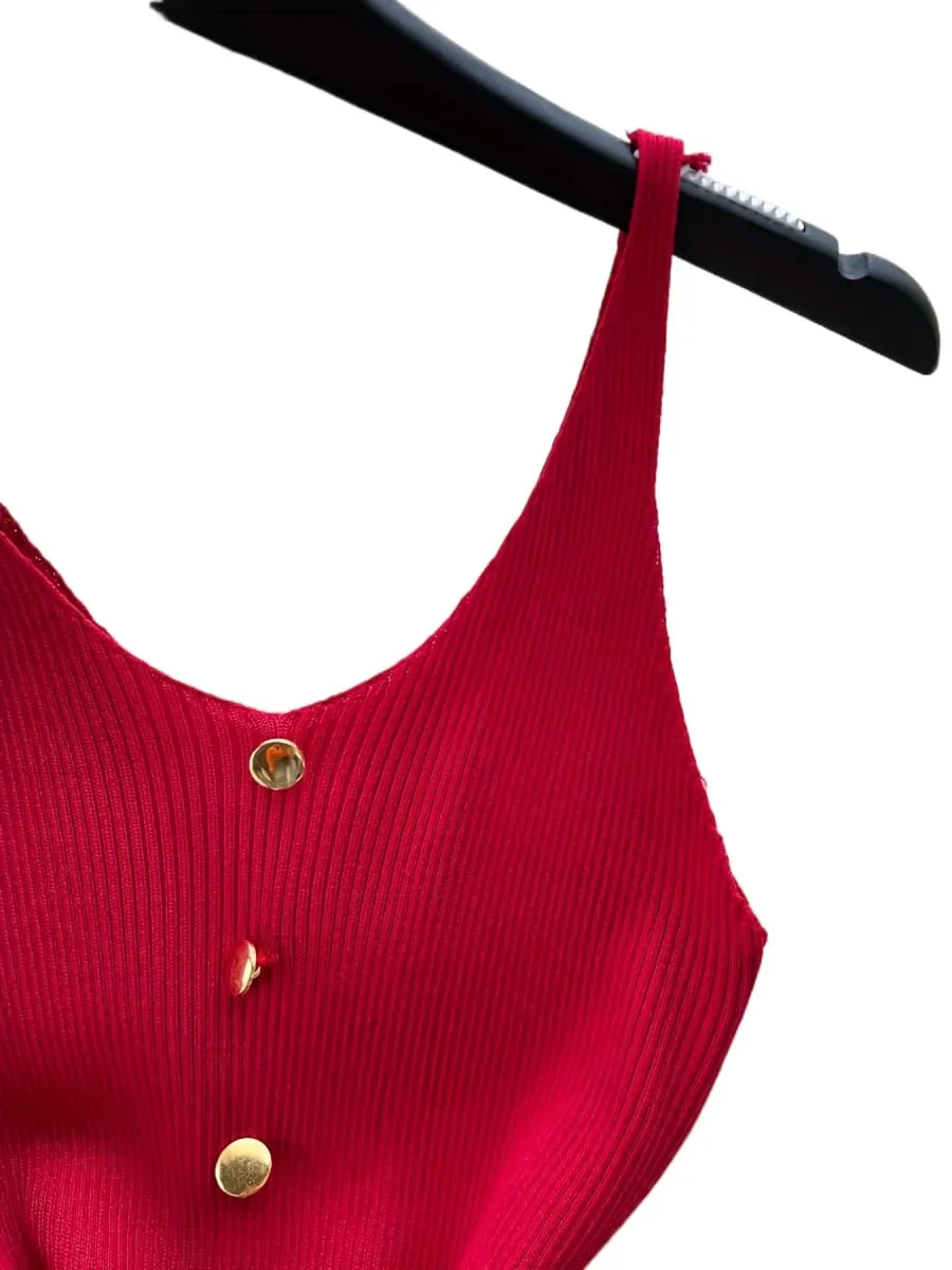 Wanita Burgundy V-Leher Tanpa Lengan Sundress Butang Regangan Berusuk Knit Bodycon Pakaian Mini Celah Sisi Pakaian Pesta Musim Panas Kasual — image 6
