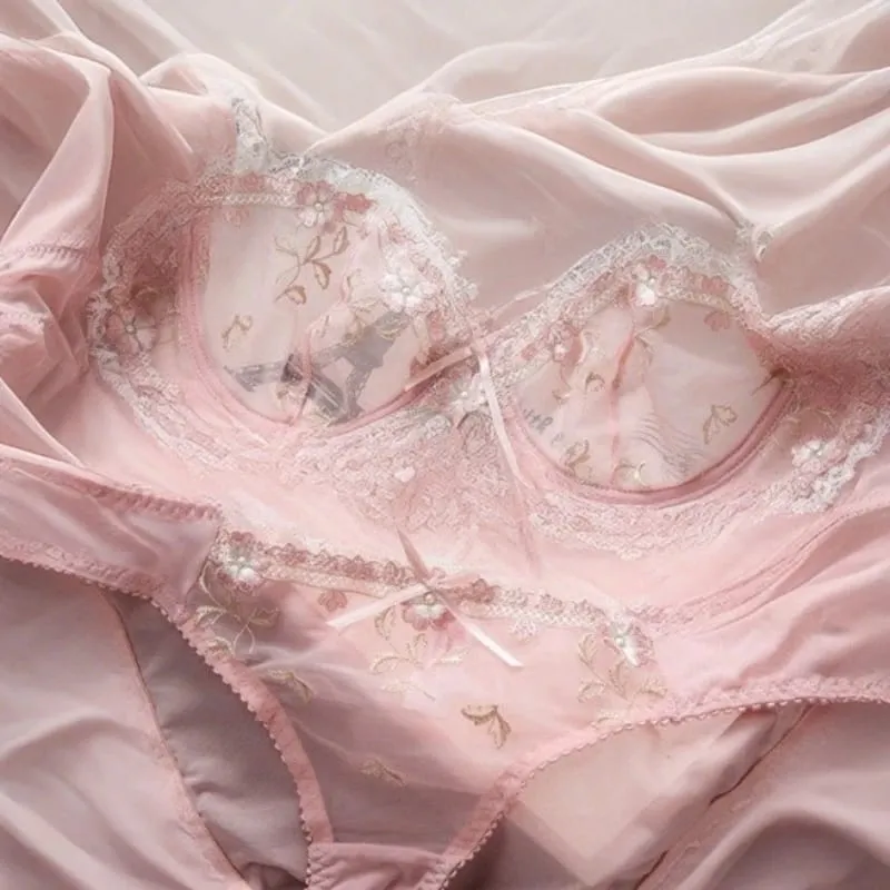 French Style Unlined Bra Set | Minimizer Lace Half Cup for Large Cup Size No Padding Thin Sheer Anti-Sagging Lingerie BANERDANNI