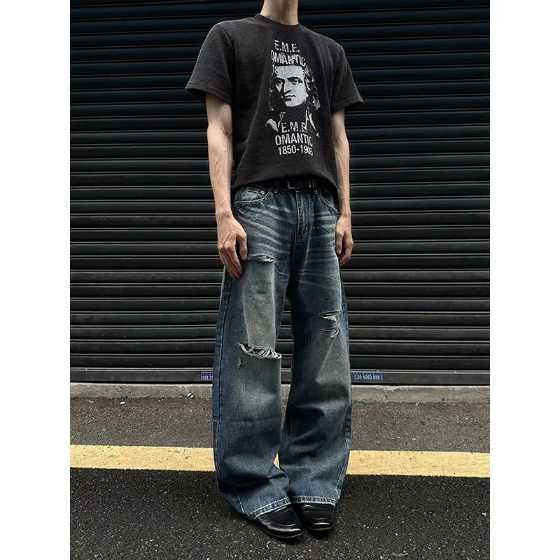 Men's Jeans Man Pants Heavy Duty Washed Multi Pocket Carpenter Style Straight Loose Denim Trousers Casual Fit High Street