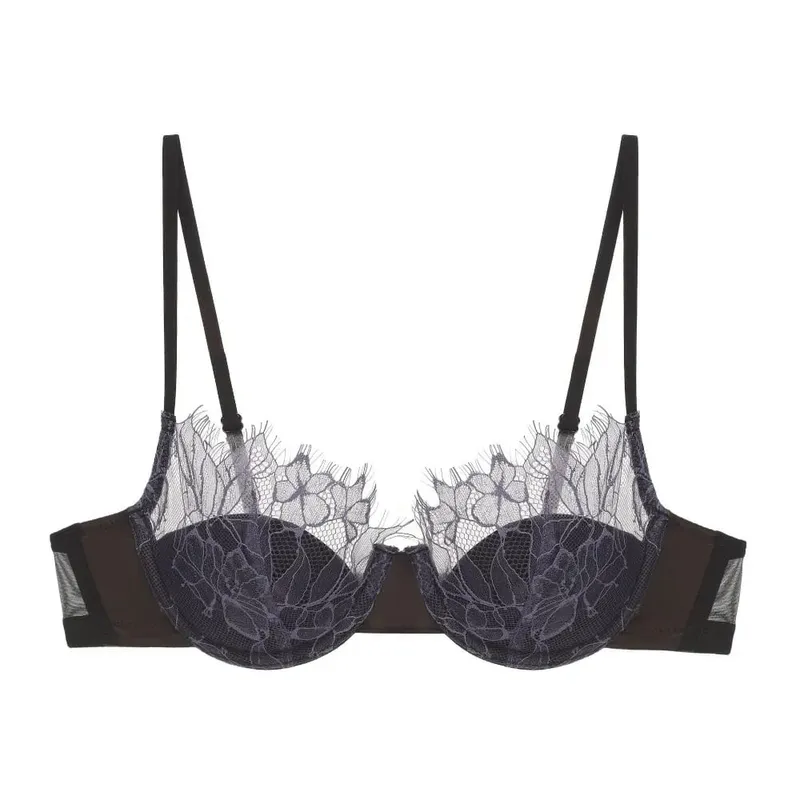 Women Sexy French Eyelash Lace Bra Set Hollow‑Out Lightweight Thin Comfort Push‑Up Lingerie Suit Skin Friendly 34‑38