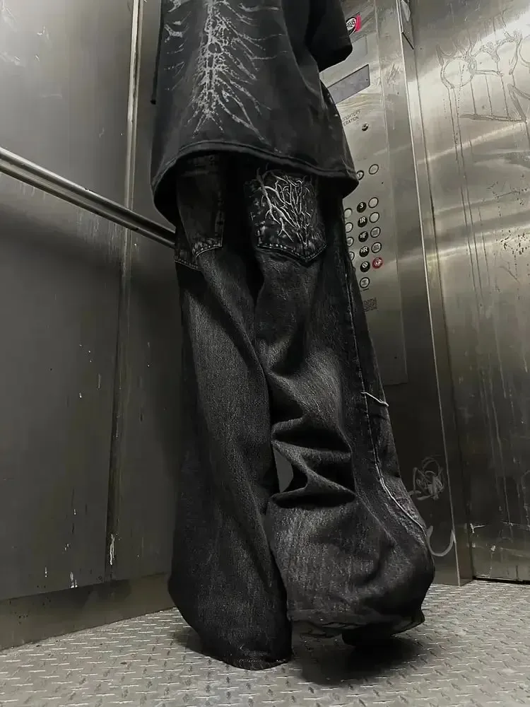 Y2K Baggy Jeans vintage Splicing embroidery Pattern high quality jeans Hip Hop Gothic Streetwear men women Casual wide leg jeans