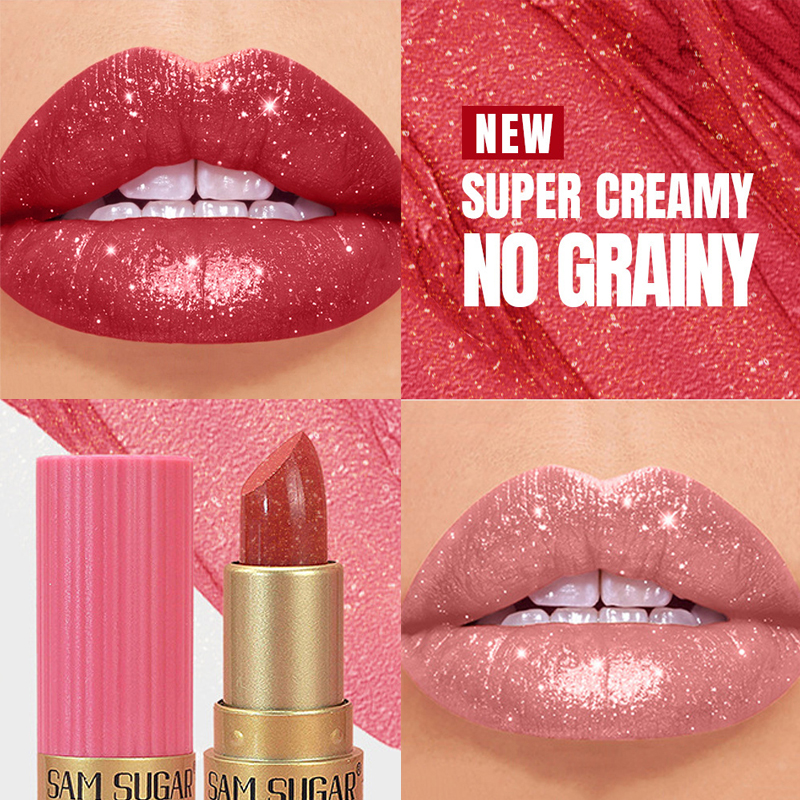 Diamond Pink Lipstick Chocolate Brown Metallic Glitter Lipstick Long-Lasting Waterproof Shimmer Pearl Sparkling Lip Gloss Makeup