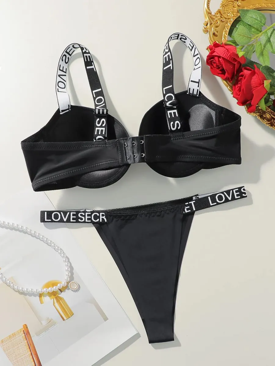 Viomisha Sexy Bras Set Push Up Bra with Letter Shoulder Strap Women Solid Everyday Underwear Panty Set Daily Lingerie Outfit S-L