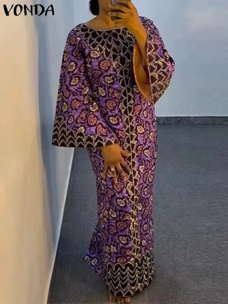 Bohemian Party Dress Elegant Women Printing Sundress Vintage Flare Long Sleeve Maxi Vestidos Oversized O-Neck Robe Femme