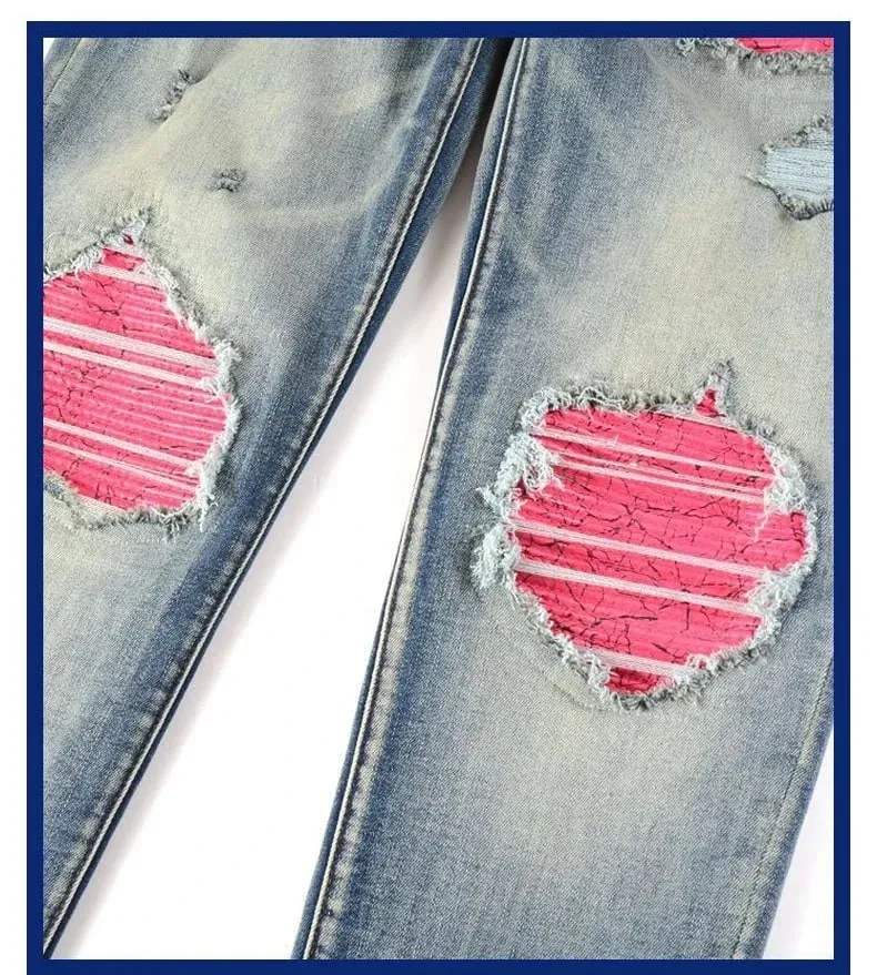 Hole Jeans Men Patchwork Ankle Length Trousers Washed Denim Pencil Pants Mid Waist Vintage Distressed Autumn Street Denims