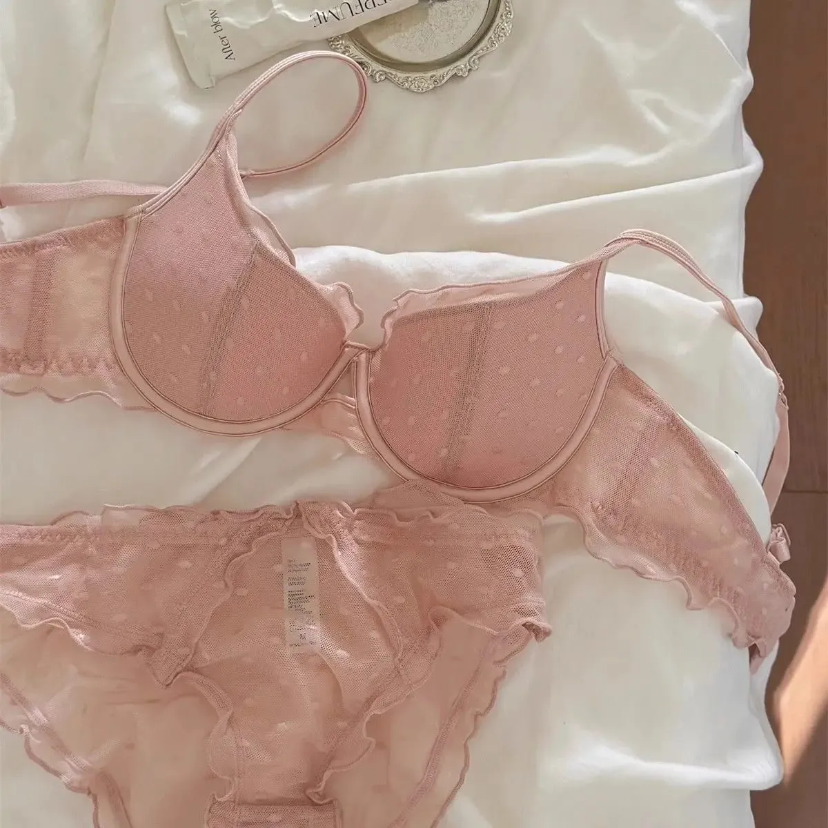 French Lace Polka Dot Bra Two-Piece Set Small Chest Gathering and Lifting Anti-Sagging Side Breast Collecting Lingerie Set