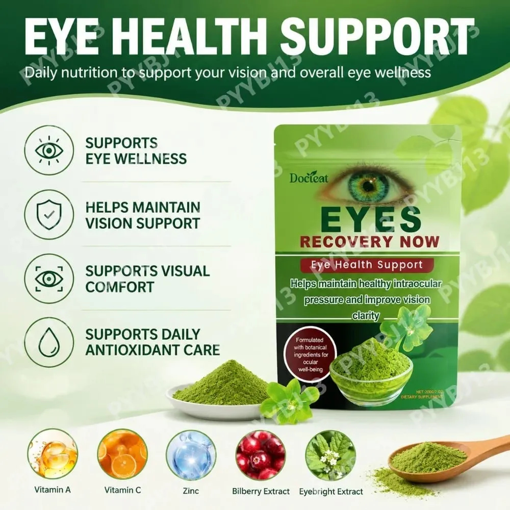 Docteat Eye Health Support Supplement Powder Lutein Zeaxanthin Bilberry Eyebright Zinc Vitamins A C E Botanical Blend 200g 7oz