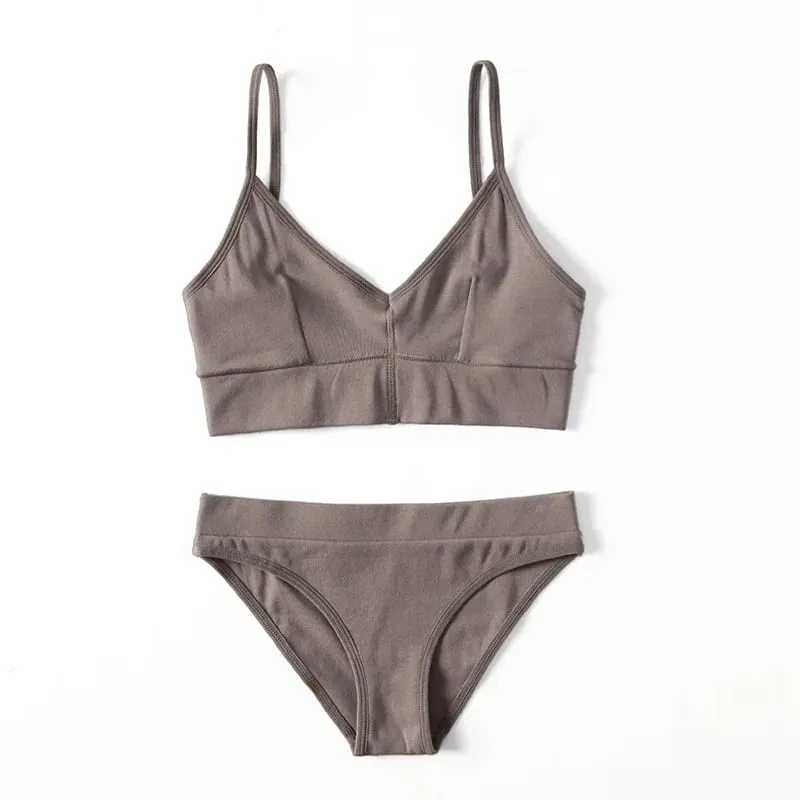 Women Lingerie Set V‑Neck Thin Strap Bra And Briefs Solid Color Soft Stretch Underwear Sleepwear