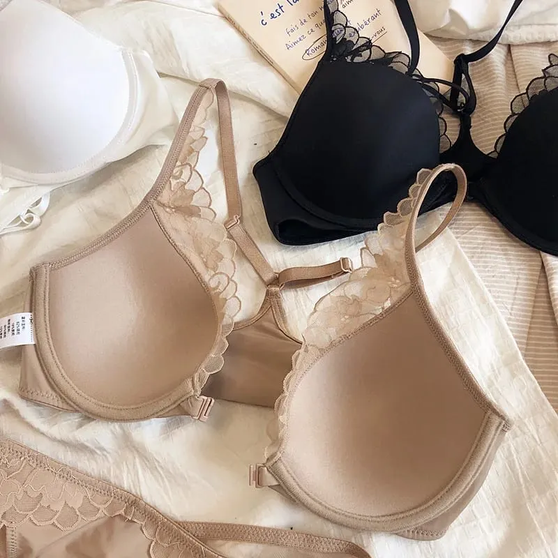 Thin Glossy Cup Cross Backless Lace Front Closure Bra and Panties Set with Push Up Underwear Women Beautiful Sexy Lingerie — image 3