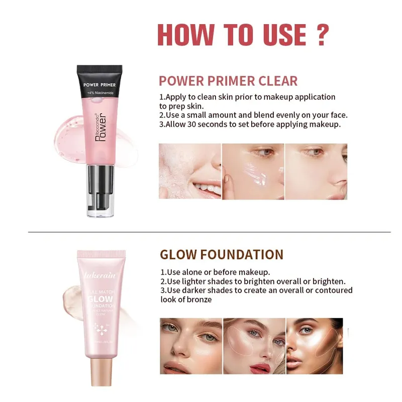 Powder Grip Primer Gel & Glow Foundation Makeup Kit Hydrating Smoothing Skin Lightweight Brighthen Shiny Fase Cosmetics Combo