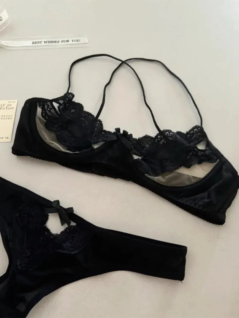 Franse Bh Ondergoed Set Uitgehold Verzamelen Boog Kant Half Cup Bh Vrouwen Sexy Lingerie Ultradunne Verleiding Erotische Hot Outfits
