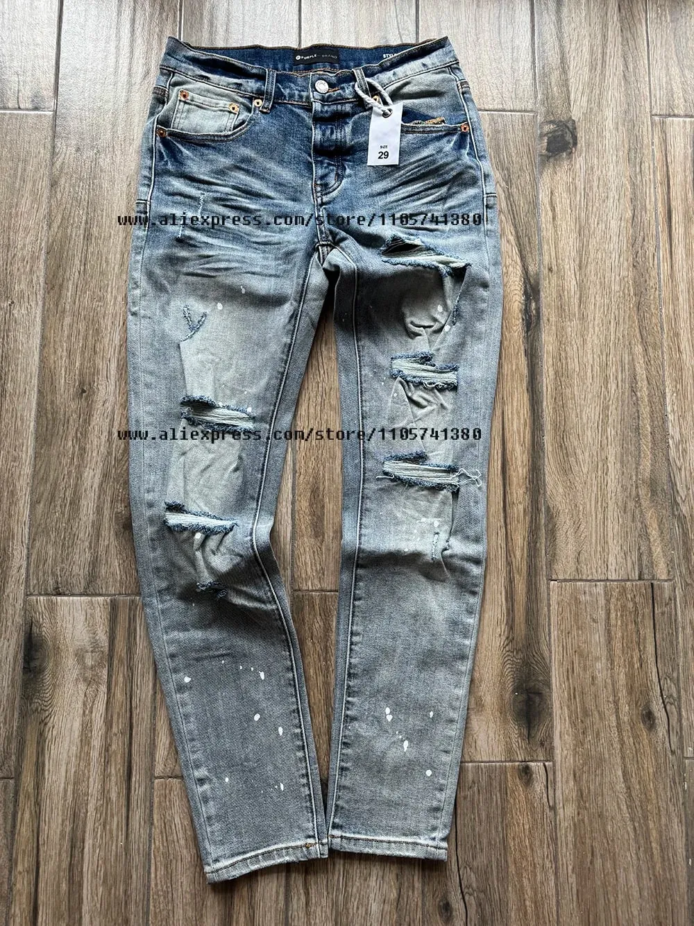 American High Street Quality Distressed Washed Light Blue Destroyed Holes Stretch Skinny & Slim Fit Spray Painted Ripped Jeans — image 3