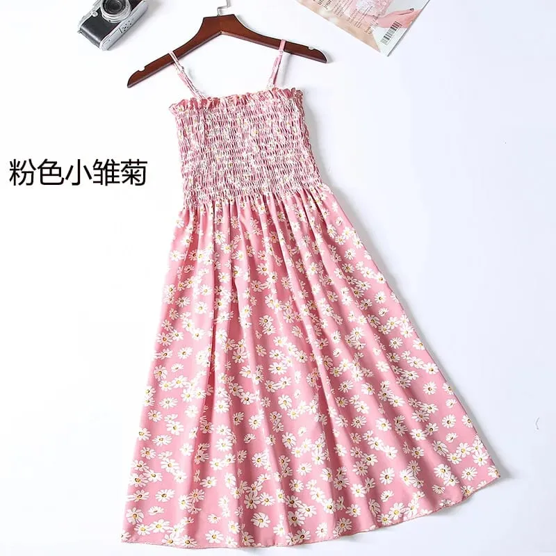 ฤดูร้อนมินิเดรสแฟชั่นหญิง Elastic High เอว Casual สปาเก็ตตี้สายคล้องคอผู้หญิงชุดชีฟอง Vestidos