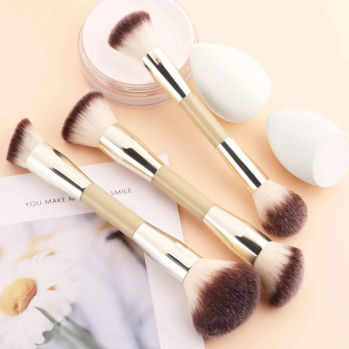 5Pcs Makeup Tool Set 3 Double Ended Brushes 2 Beauty Sponges For Foundation Blush Contour Face Cosmetic Kit