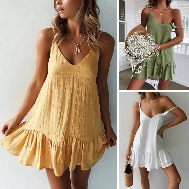 Dress Women Sexy Spaghetti Strap Ruffle Summer Dress 2026 Cotton Linen Vestidos Green Dresses Off Shoulder Sexy Mini Sundress — image 4