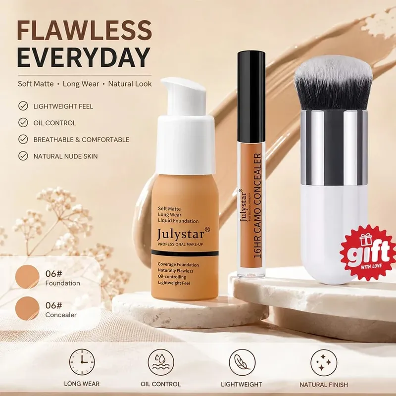 3‑Pc Base Makeup Kit Foundation&Concealer Free Brush. Matte 16H Oil‑Control Lightweight Full-Coverage for Natural Daily Face