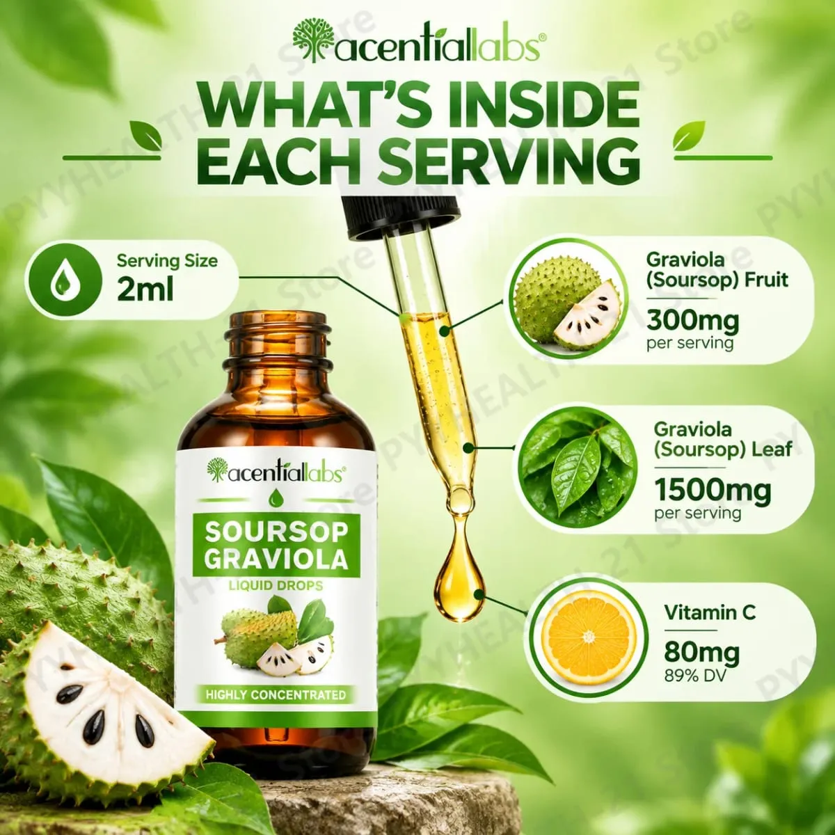 AcentiLabs Soursop Graviola Liquidหยดวิตามินซีรองรับระบบย่อยอาหารสุขภาพระบบภูมิคุ้มกันป้องกันอนุมูลอิสระ 60mlสำหรับผู้ใหญ่