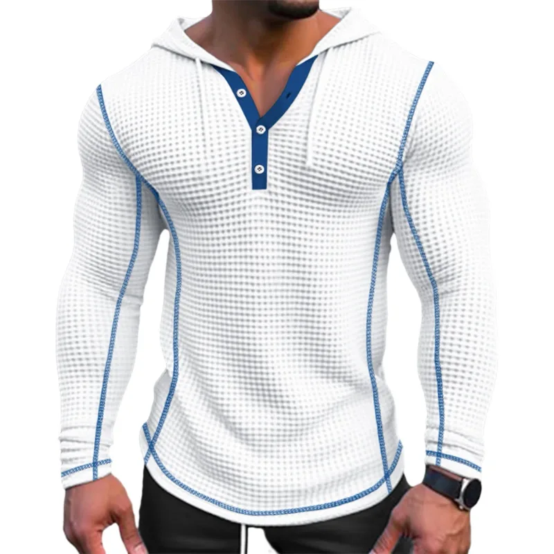 T-shirt à manches longues pour hommes, couleur unie, coupe cintrée, à capuche, respirant, haut de sport, en coton gaufré, décontracté, printemps